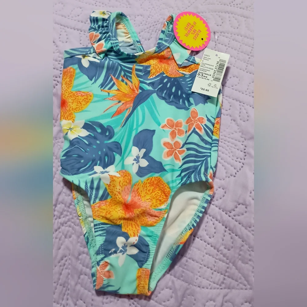 Baby Girl Tropical One Piece Swimsuit - Mellow Aqua Size 0-3 Months